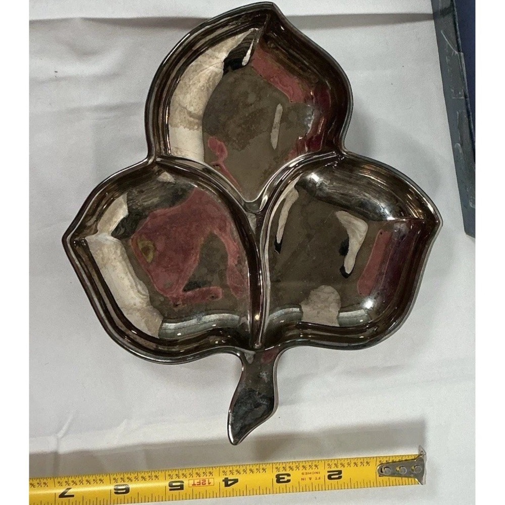 Vintage, Smokey Silver Glass Candy, Trinket Devided Leaf Dish Mercury Lusterware